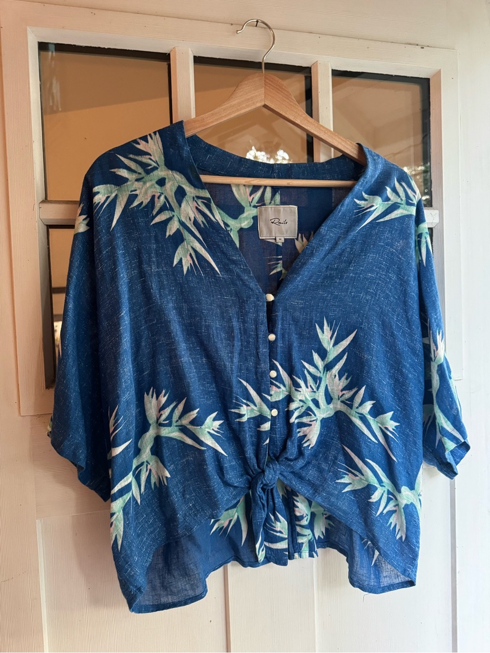 Rails Blue Tropical Tie-Front V-Neck Blouse